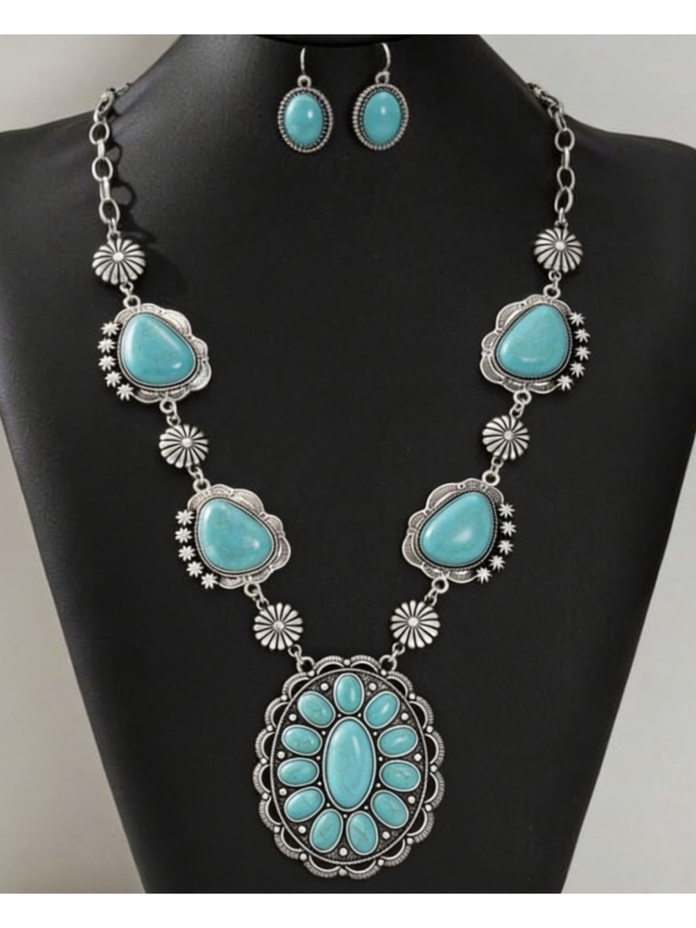 Boho turquoise pendant statement necklace + earring set southwestern style, new!